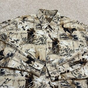 North River Shirt Mens Medium Beige Hunting Lab Dog Duck Print Cotton Outdoor